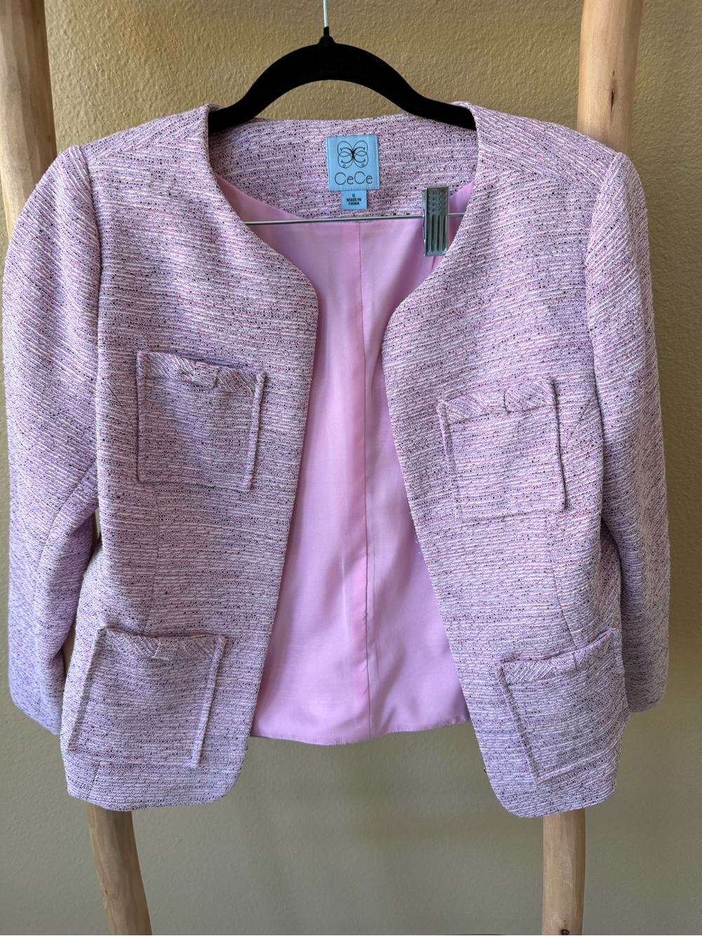 CeCe Light Pink Tweed Open-Front Blazer